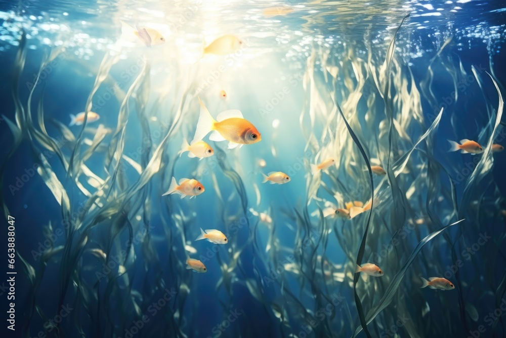 Poster A group of fish swimming in an aquarium. Perfect for adding a touch of nature to any space.
