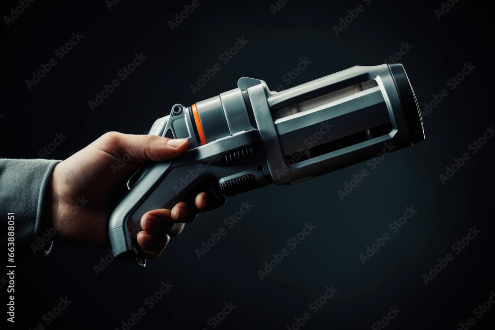 Poster a person holding a gun in their hand. this image can be used to depict various scenarios involving f