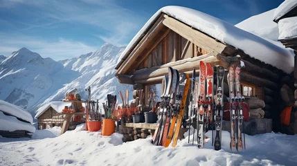 Foto op Canvas Ski poles and skis leaning against a cabin in the snowy mountains. © Creative artist1