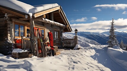 Ski poles and skis leaning against a cabin in the snowy mountains. - obrazy, fototapety, plakaty