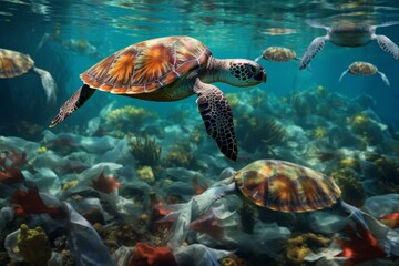 Ocean pollution, debris, plastic bags, floating turtles. Generative AI