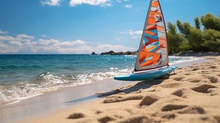 Windsurfing board and sail on a sandy beach. - obrazy, fototapety, plakaty