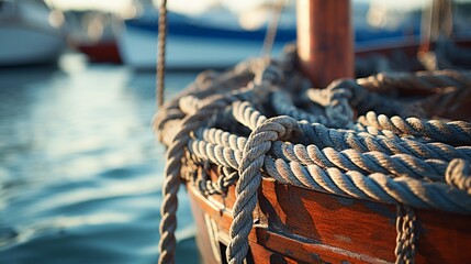 Close-up of a sailing rope tied to a cleat on a boat. - obrazy, fototapety, plakaty