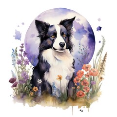 Border Collie With Flower and Moon Watercolor Illustration