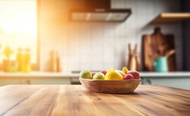 Bowl with fruits on wooden table. Modern kitchen furniture with food products. Generate ai - obrazy, fototapety, plakaty