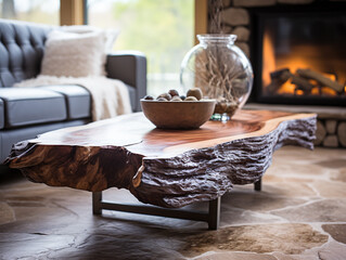 A close-up of a live edge wooden coffee table with unique natural accents.