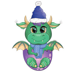 Cute cartoon green dragon in santa hat. 2024 new year, chinese calendar