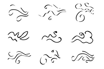 Doodle wind line sketch set. Hand drawn doodle wind motion, air blow, swirl elements. Sketch drawn air blow motion, smoke flow art, abstract line. Isolated vector illustration