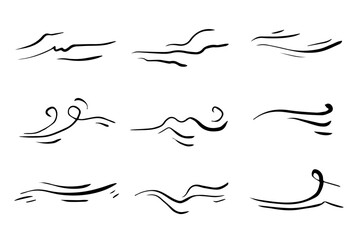 Fototapeta premium Doodle wind line sketch set. Hand drawn doodle wind motion, air blow, swirl elements. Sketch drawn air blow motion, smoke flow art, abstract line. Isolated vector illustration