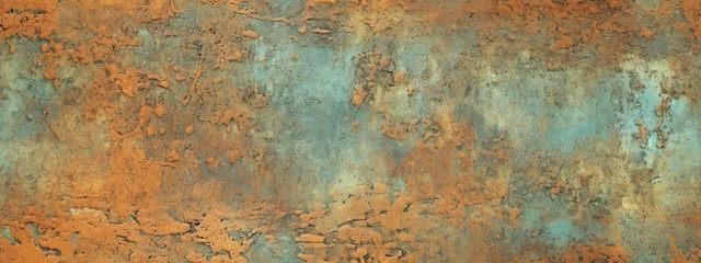 Fotobehang Seamless oxidized copper patina sheet metal wall panel grunge background texture. Vintage antique weathered and worn rusted bronze or brass abstract pattern © Eli Berr