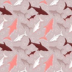 Shark silhouette and bobbles seamless pattern. Monochrome vector illustration