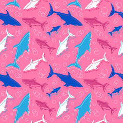 Shark silhouette and bobbles seamless pattern. Monochrome vector illustration