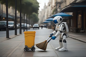 Humanoid Robot as Street Cleaners - obrazy, fototapety, plakaty