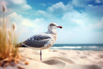 Gull on seashore beach. Sea bird standing on beach sand. Generate ai