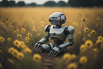 Humanoid Robot in field of flowers - obrazy, fototapety, plakaty