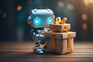 cute humanoid robot holding chrismat gift