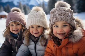 Fototapeta premium Portrait of children in warm jackets and knitted hats outdoors in winter