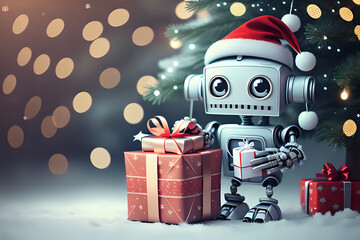 cute humanoid robot and christmas tree