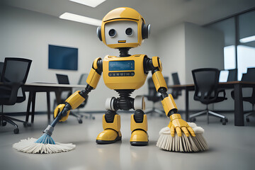 Naklejka premium Humanoid robot cleanin office