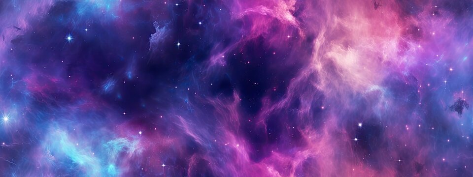 Seamless space texture background. Stars in the night sky with purple pink and blue nebula. A high resolution astrology or astronomy backdrop pattern