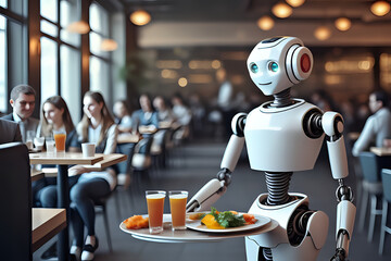 Artificial intelligence robot as waiter - obrazy, fototapety, plakaty