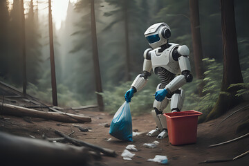 artificial intelligence robot collecting garbage in nature