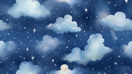 Fototapeta premium Starry night clouds watercolor seamless pattern