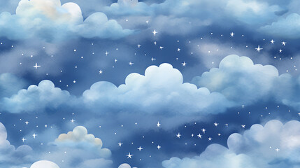 Obraz na płótnie Canvas Starry night clouds watercolor seamless pattern