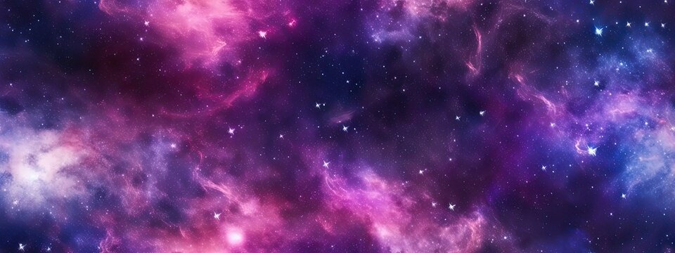 Seamless space texture background. Stars in the night sky with purple pink and blue nebula. A high resolution astrology or astronomy backdrop pattern