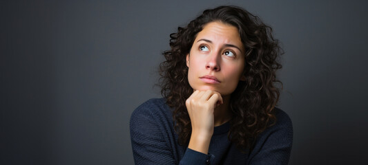 Woman sitting at thinking of problem solution, thoughtful pondering considering idea making a decision, thinking about things Waiting for inspiration with a doubtful and skeptical expression