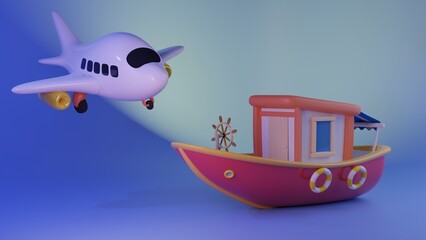 Cute 3d illustration of cartoon pink ship and airplane against gradient blue background. Summer design. Traveling mock up. Summer ship. boat, sailing, transportation. Copy space.
