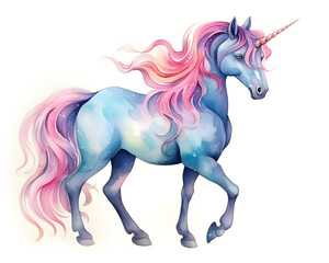 Obraz na płótnie Canvas Pink handdrawn unicorn watercolor illustration isolated on white