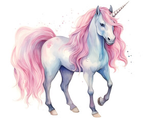 Naklejka na ściany i meble Pink handdrawn unicorn watercolor illustration isolated on white