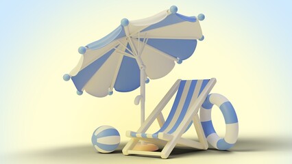 Cute 3d illustration of cartoon white and blue parasol, ball, swim ring and sunbed against gradient yellow background. 3d illustration highly usable. Summer design. Traveling mock up. Beach scene.