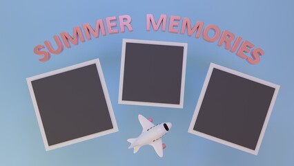 3d illustration of cartoon white airplane and photo album against gradient background. Minimal concept. 3d illustration highly usable. Summer design. Summer memories.