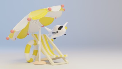 Cute 3d illustration of cartoon white and yellow parasol, swim ring, airplane and sunbed against gradient yellow background. Summer design. Traveling mock up. Beach scene.