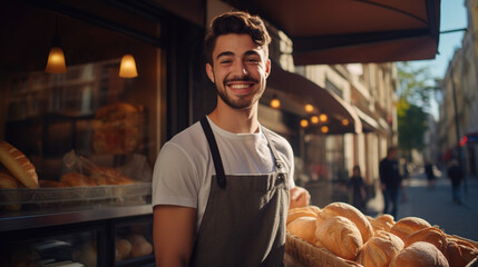 A young male baker enjoying serving customers