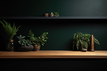 Empty wooden table counter with plant on it. Green wall. Ai generated image