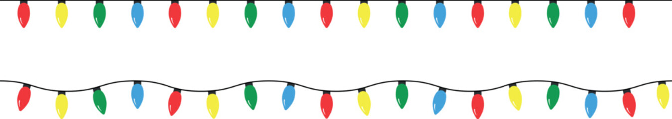 Vector illustration of a string of colorful holiday lights that can be joined end to end seamlessly to form longer strings as needed.