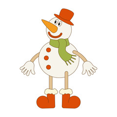 Christmas illustration of a snowman in retro groovy style. Cartoon character on a white background. Vector.