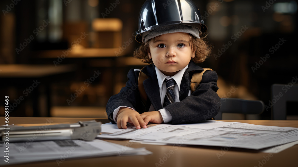 Aufkleber portrait of a little boy looking like an engineer or architect wearing a helmet with blueprints on a