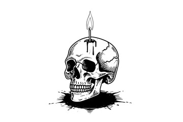 Scull with candle hand drawn ink sketch. Engraved style vector illustration