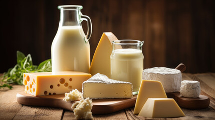 Various dairy products on wooden background