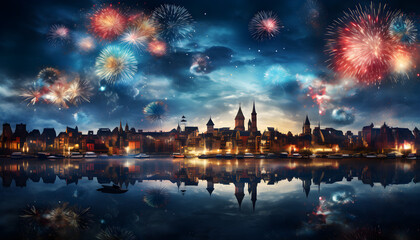 Fototapeta na wymiar Dynamic Firework Fiesta, Vibrant Celebration for a Joyous Event or Festival