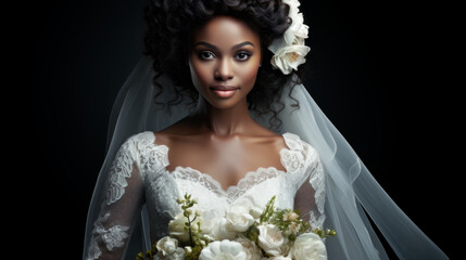 Black woman in a wedding dress holding a bouquet of flowers, against a black background. Portrait close up of Beautiful afro american young bride in wedding dress. Generative ai