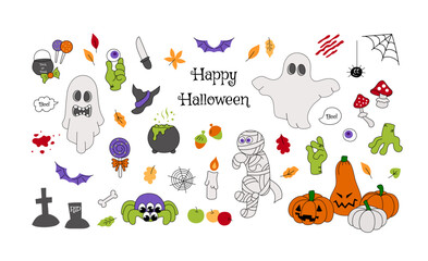 Retro hand drawn Halloween set. Pumpkin, candy, ghost, zombie, spider, groovy characters, wicked objects for print, web. Happy Halloween cartoon illustration on isolated background. Vector