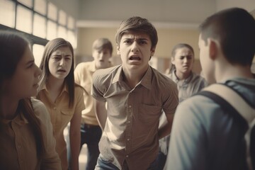 Obraz premium School diverse students group. Teenagers bullying problem in university. Generate ai