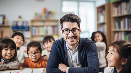 Fototapeta premium Teacher in a kindergarten or elementary school surrounded by her students.