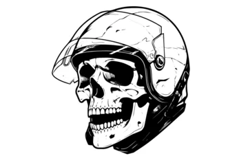 Stickers pour porte Crâne aquarelle Skull in a motorcycle helmet hand drawn ink sketch. Engraved style vector illustration
