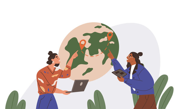 women pointing at world map, travel planning clip art preview